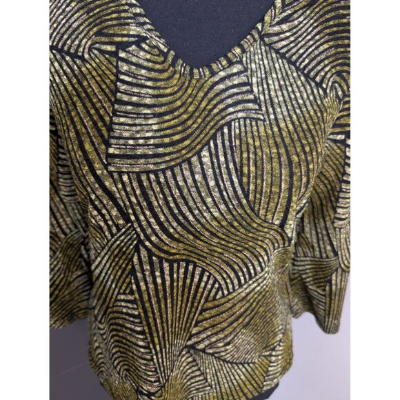 y2k Russell Kemp Petite Green/Gold & Black Abstract V-Neck 3/4 Sleeve Top - PM - Picture 2 of 9
